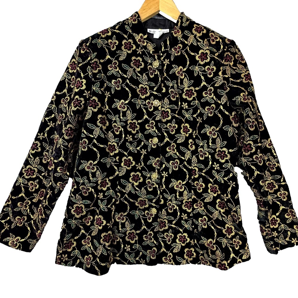 Dressbarn Jacket Womens Medium Black Gold Velvet Embroidered Floral Old Money